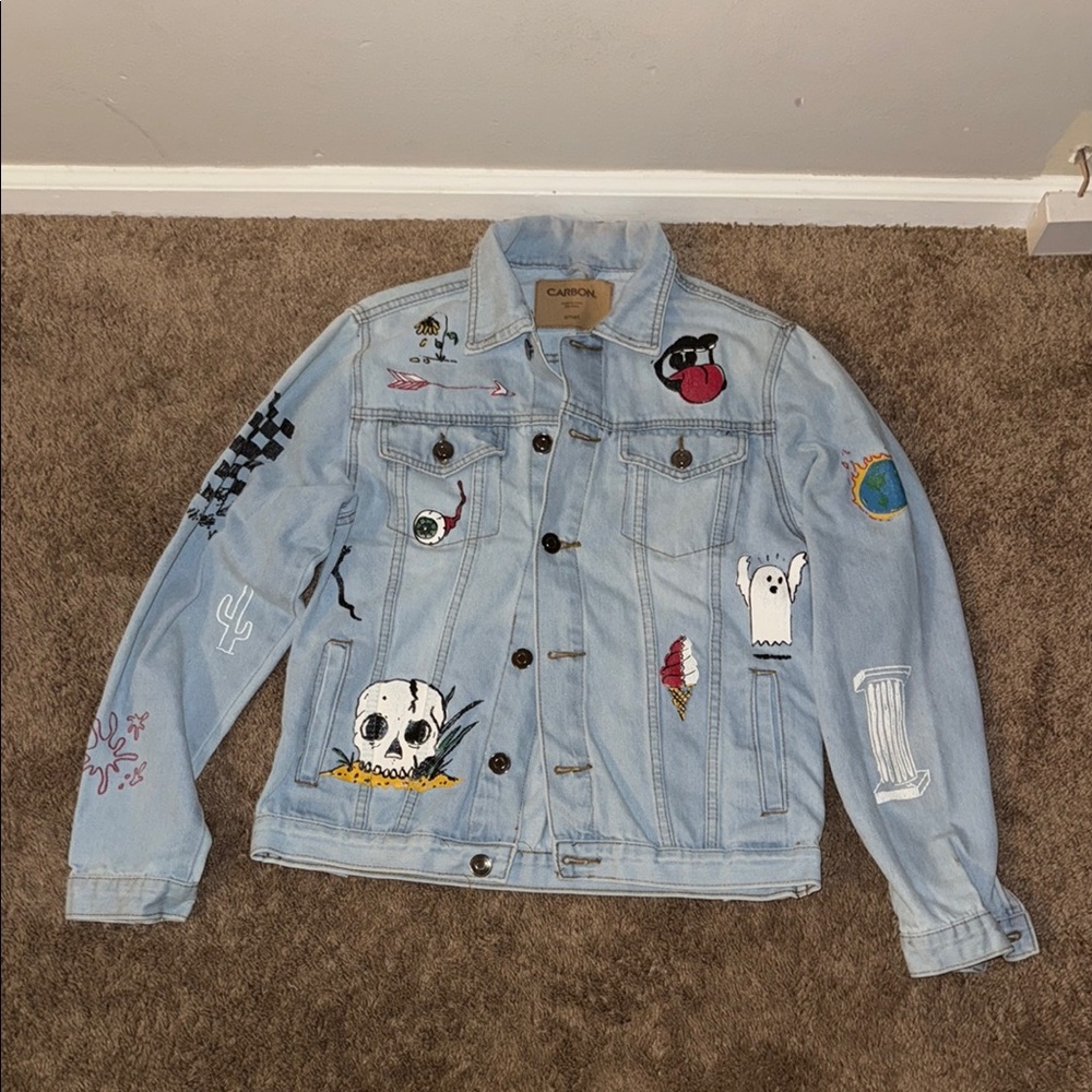 Carbon Light Blue Denim Jacket with Graphic Patches